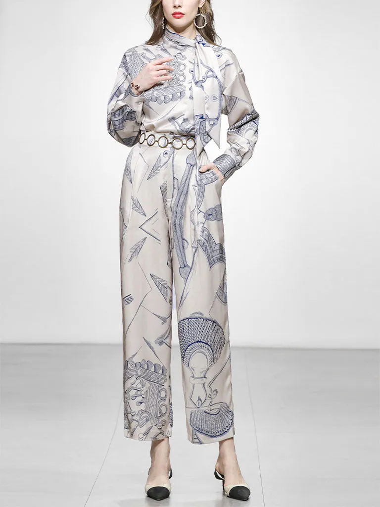 2PS Champagne Satin Floral Printed Shirt And High Waist Wide Leg Pants Suit