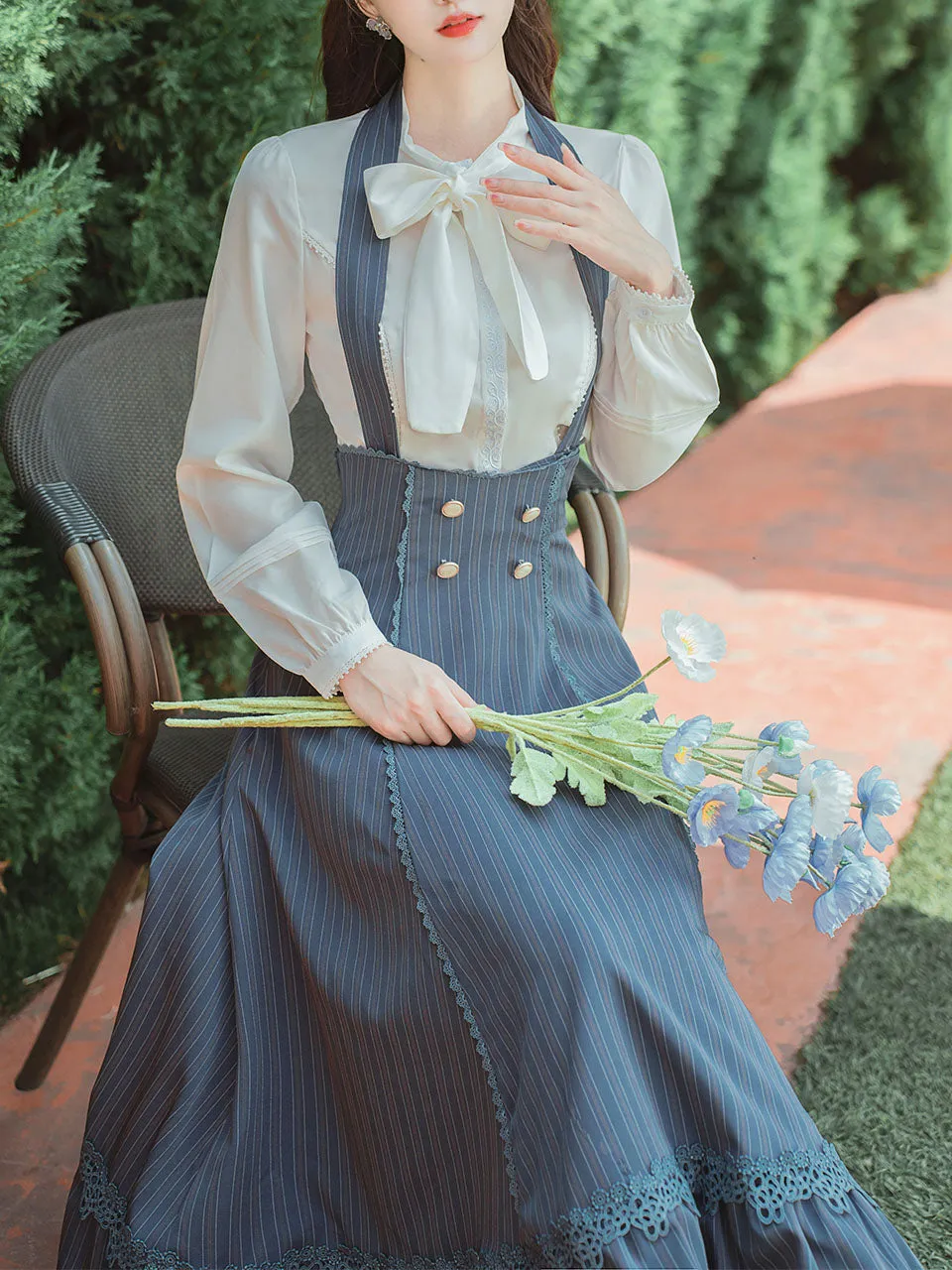 2PS White Bowknot Shirt And Blue Stripe Swing Strap Dress 1950S Dresss Set