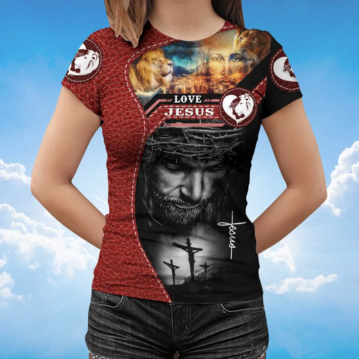 3D All Over Print Love Jesus Tee Shirt Men Women Red Leather Pattern