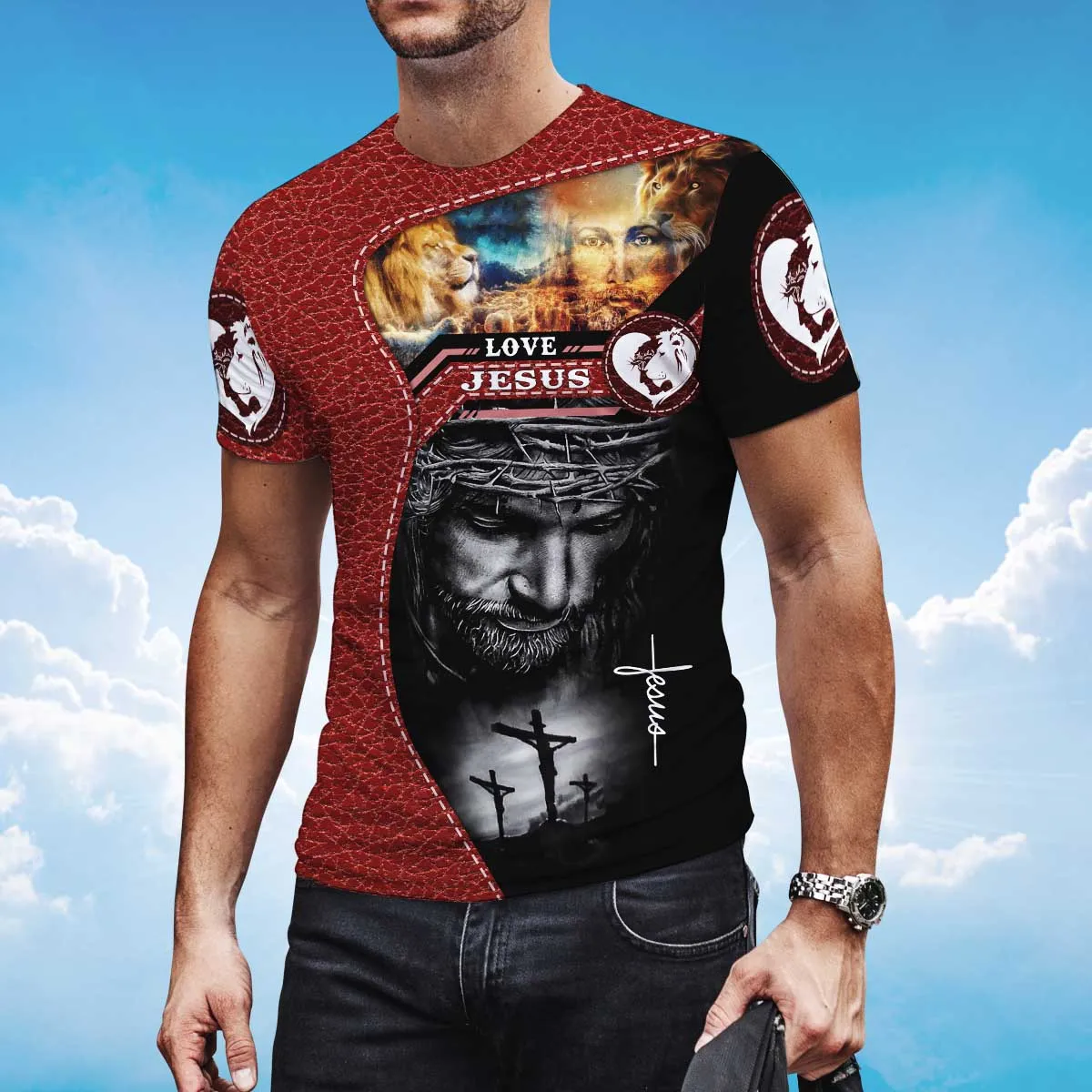 3D All Over Print Love Jesus Tee Shirt Men Women Red Leather Pattern