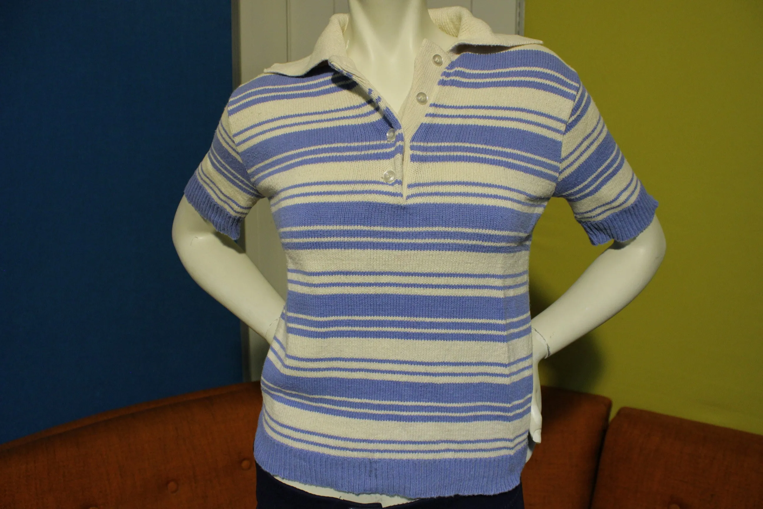 70's Striped 100% Cotton Vintage Short Sleeve Women's Polo Shirt.  Knit Blue and White.