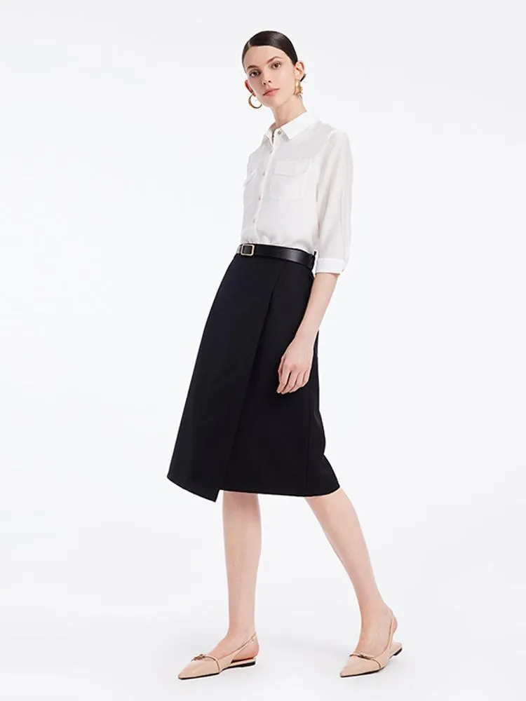 Acetate Shirt And Half Women Skirt With Leather Belt Two-Piece Set