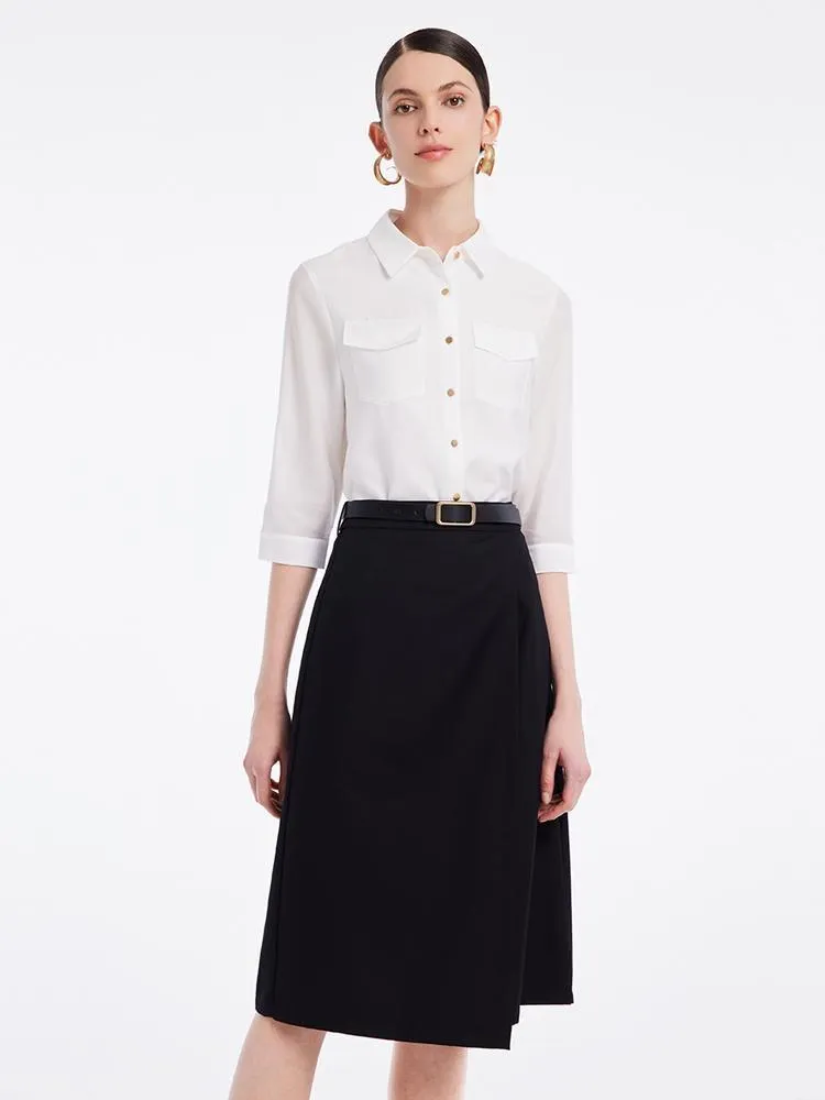 Acetate Shirt And Half Women Skirt With Leather Belt Two-Piece Set