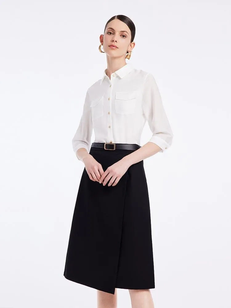 Acetate Shirt And Half Women Skirt With Leather Belt Two-Piece Set