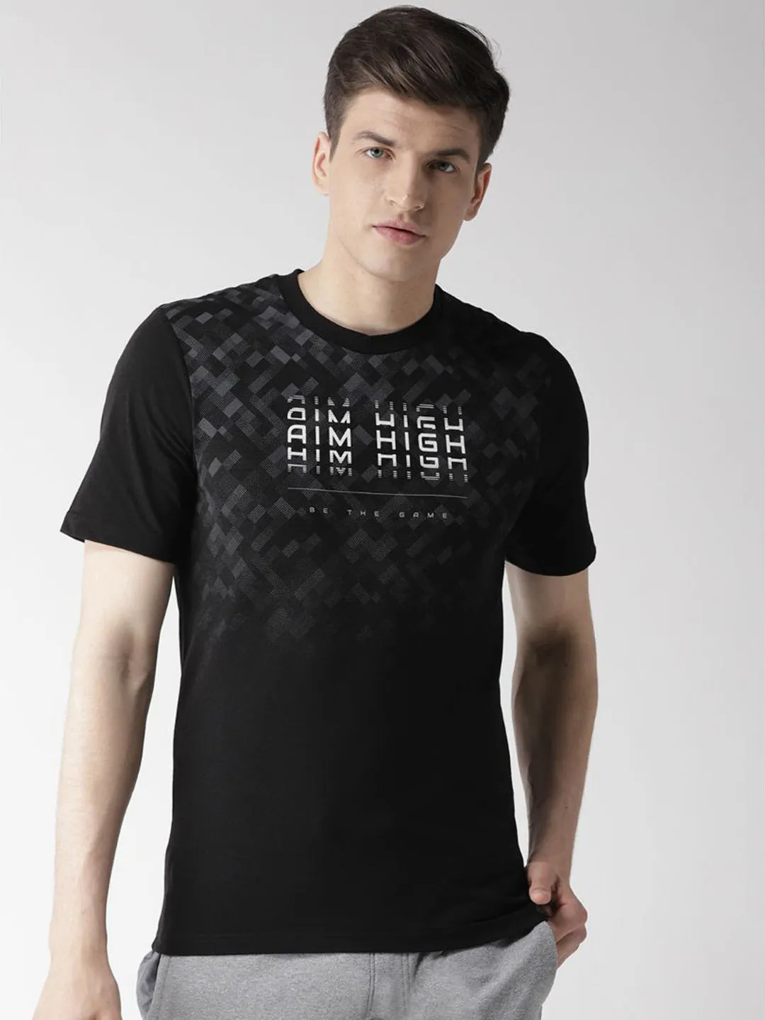 Alcis Men Black Grey Printed Round Neck T-shirt