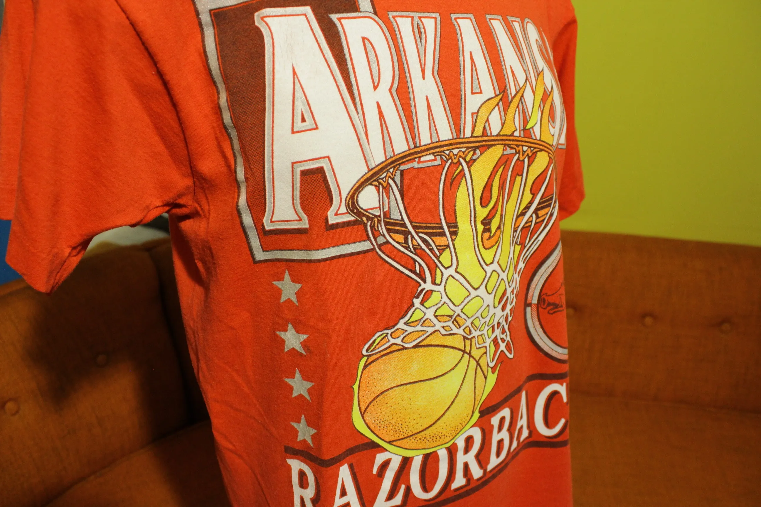 Arkansas Razorbacks Vintage 90's 50/50 Fire Ball Basketball T-Shirt. Soft College Tee