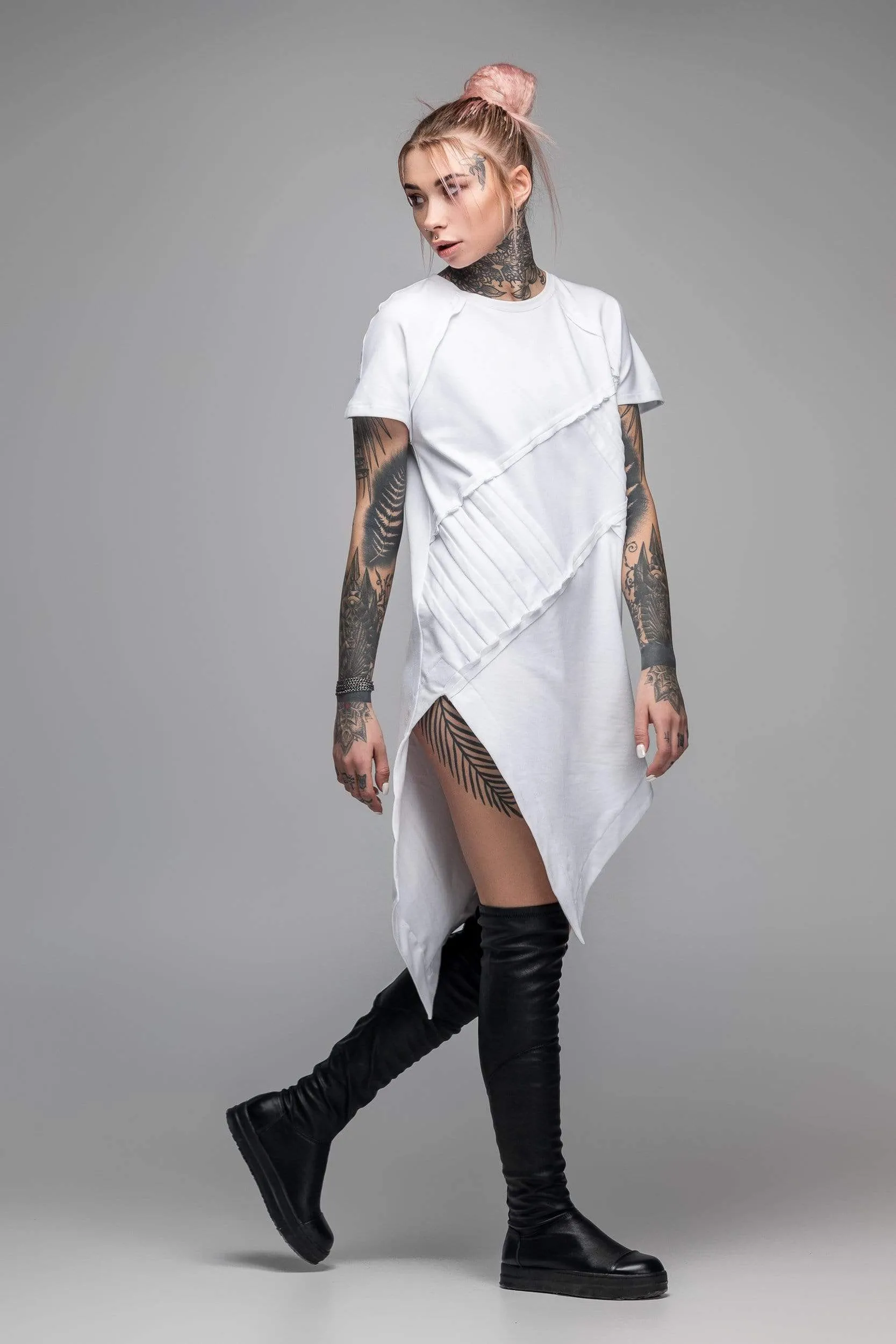 Asymmetric white T-shirt dress