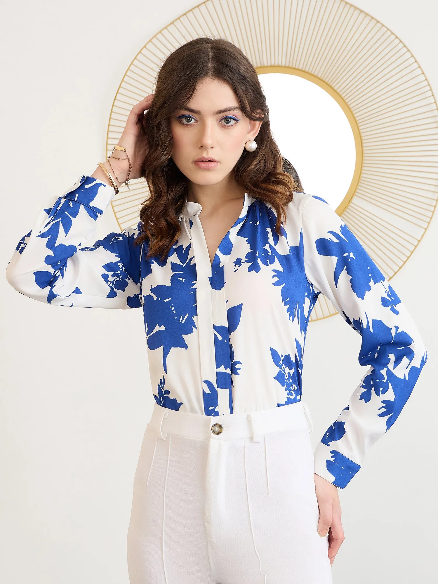 Berrylush BIZwear Women White & Blue Floral Printed Mandarin Collar Neck Front Button Straight Hem Regular Shirt