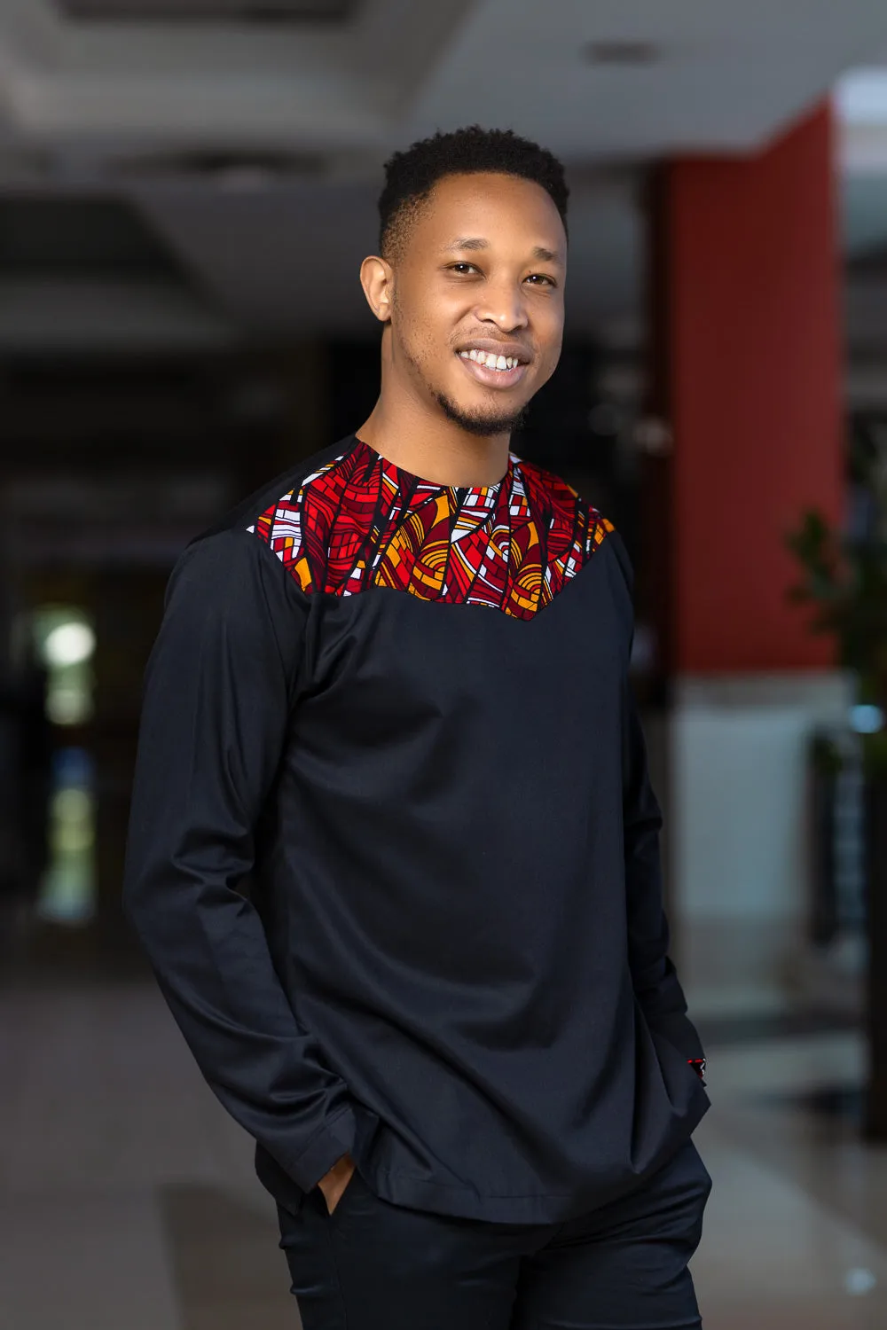 Black red long sleeved ankara shirt