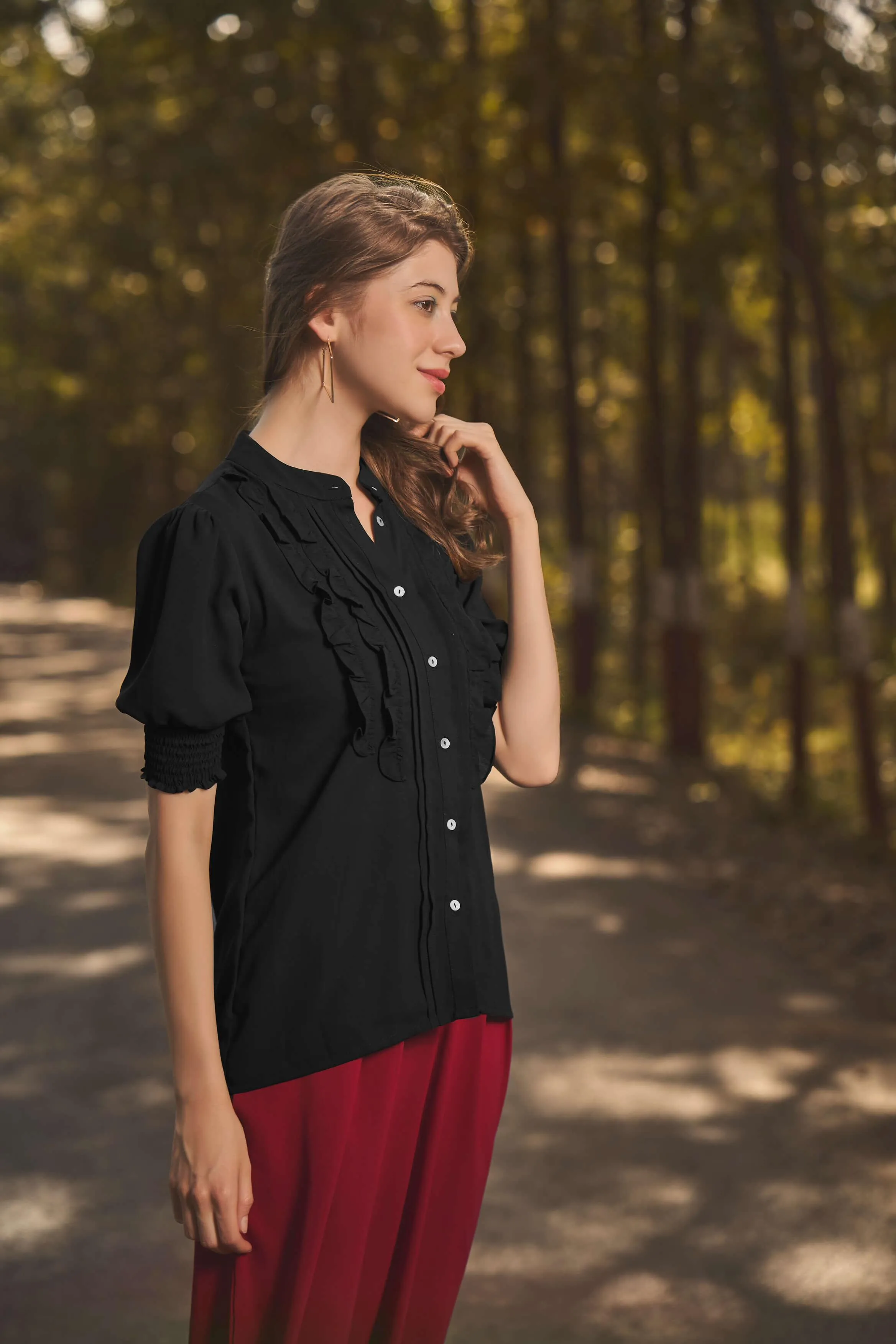 Black Smocked Puff Sleeve Ruffle Work Top