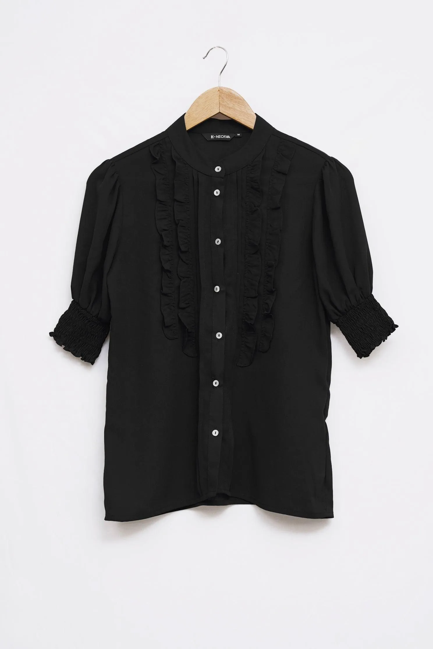 Black Smocked Puff Sleeve Ruffle Work Top