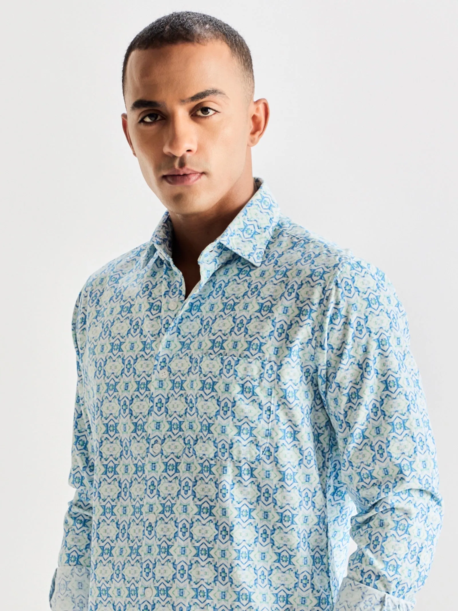 Blue Printed Corduroy Shirt