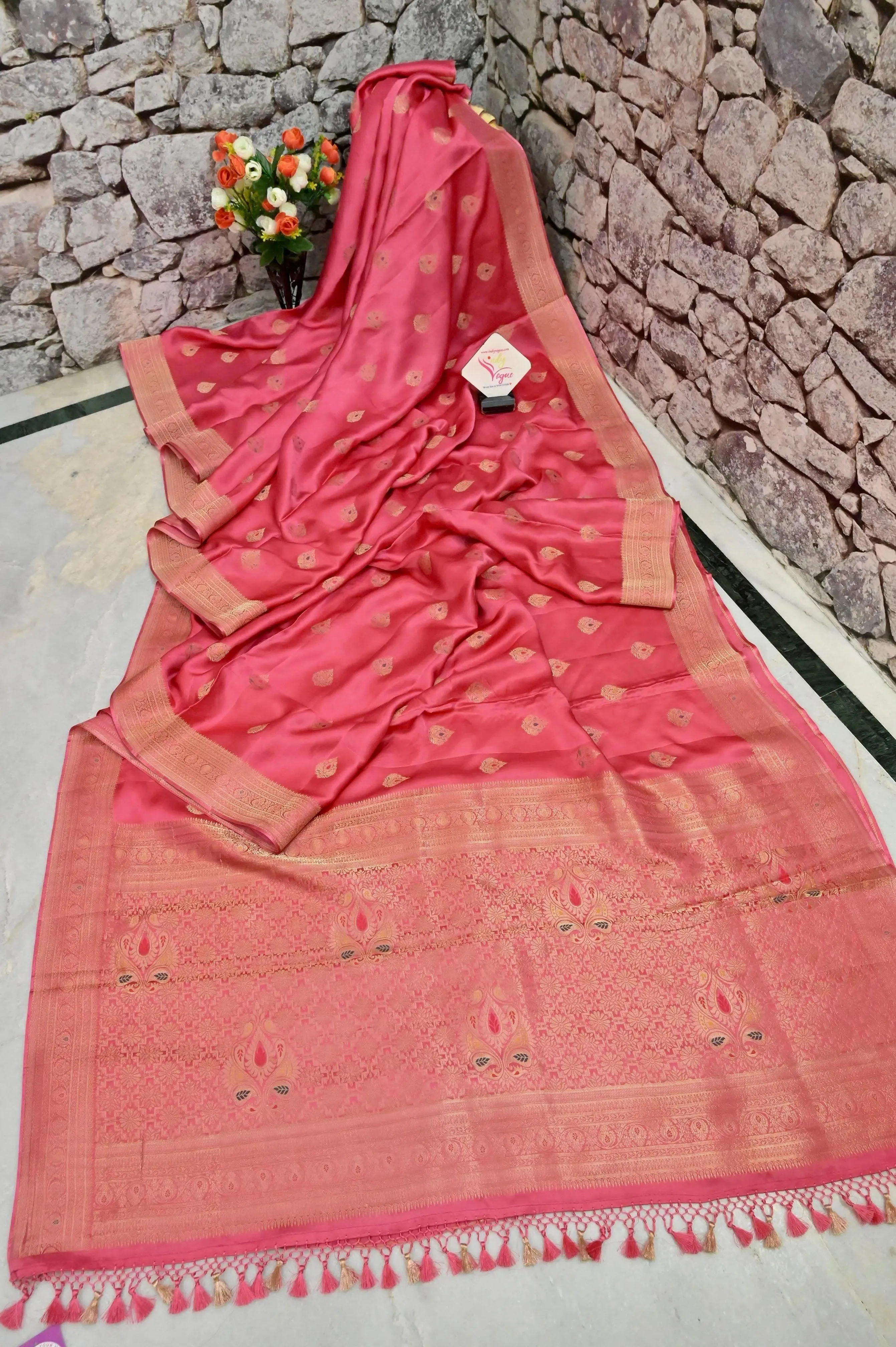 Blush Red Color Satin Banarasi With Meenakari Work