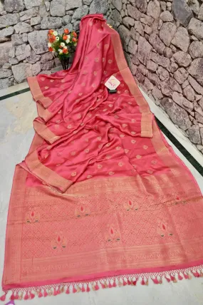 Blush Red Color Satin Banarasi With Meenakari Work