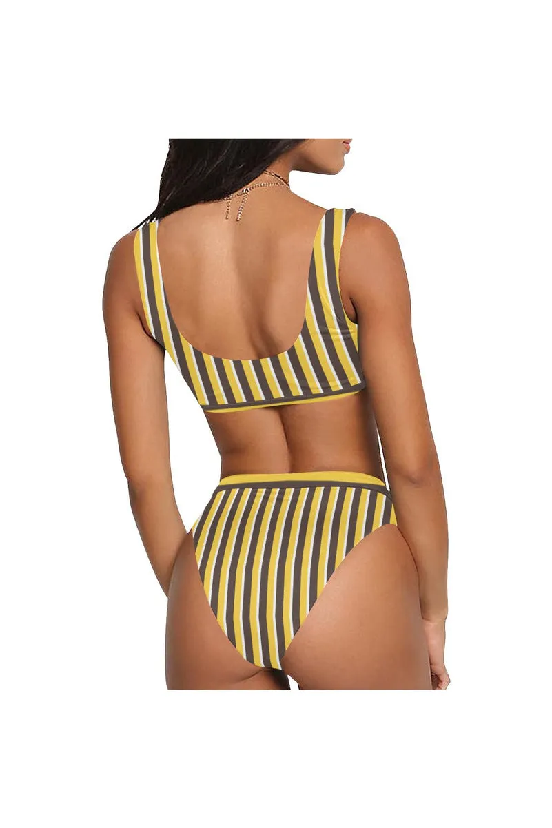 Butterscotch Stripe Sport Top & High-Waist Bikini Swimsuit