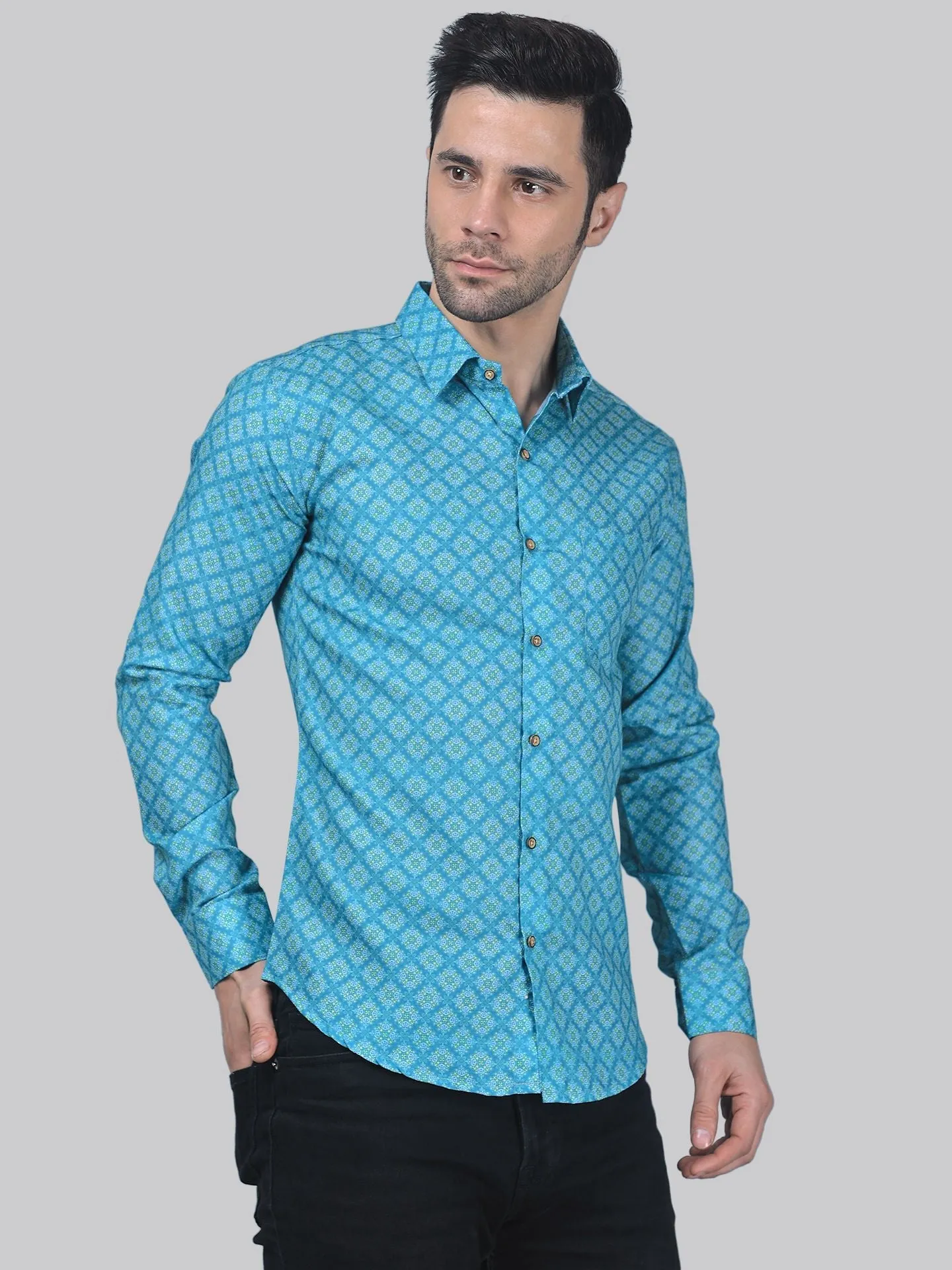 City-sleek Men's Printed Full Sleeve Cotton Button-Up Shirt for Men