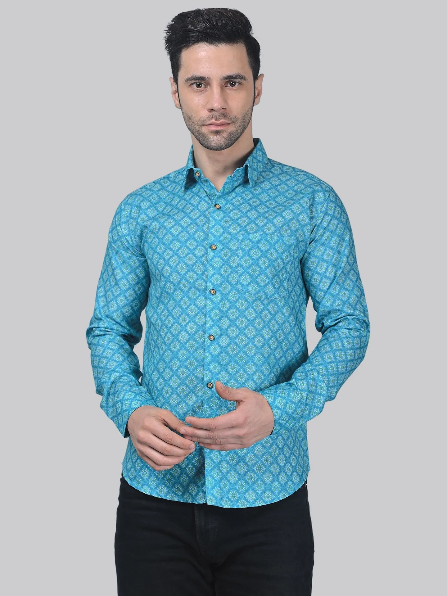 City-sleek Men's Printed Full Sleeve Cotton Button-Up Shirt for Men