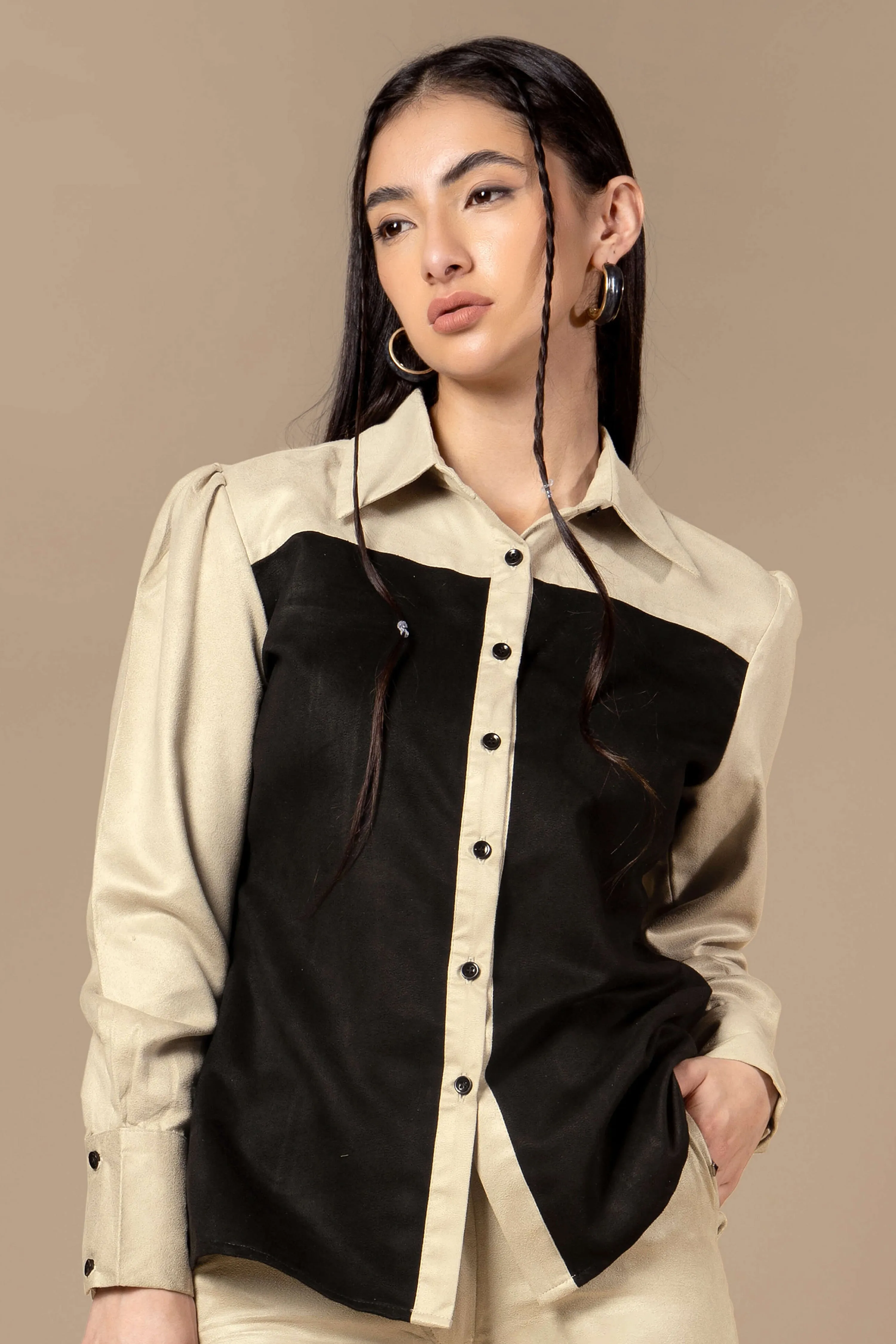 Contrast Suede Casual Shirt For Women