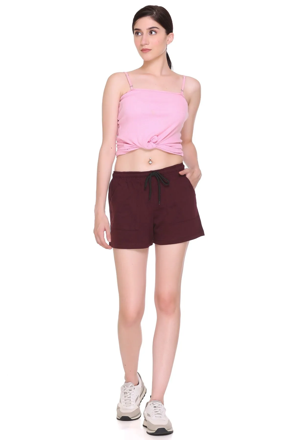 Cotton Shorts For Women Plain -Wine