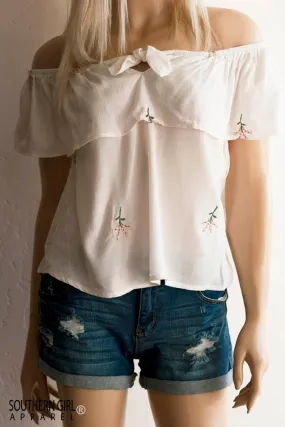 Cream White Off Shoulder Embroidered Floral Top