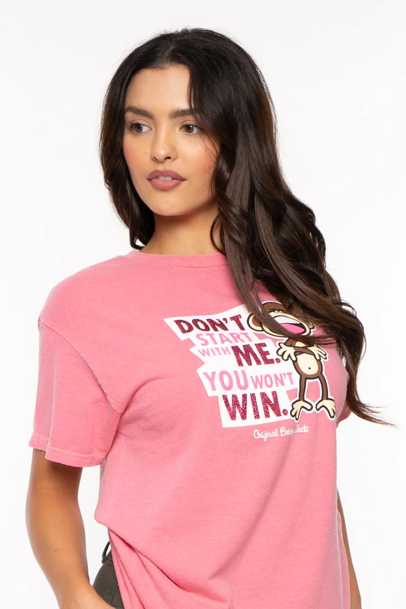 Don't Start  - Bobby Jack Garment-Dyed Boyfriend Glitter T-Shirt -Pink