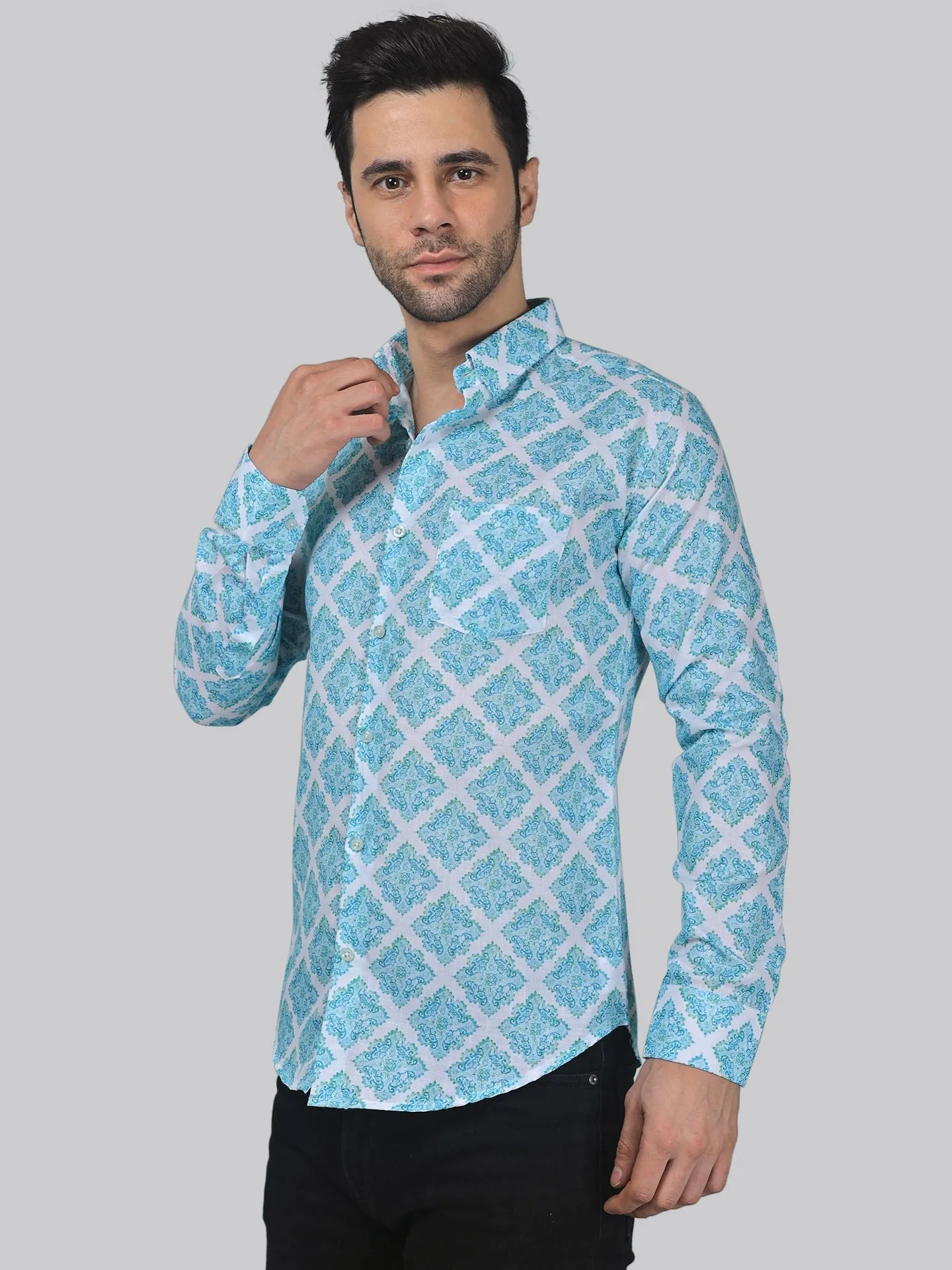 Elegant-edge Men's Printed Full Sleeve Cotton Button-Up Shirt For Men