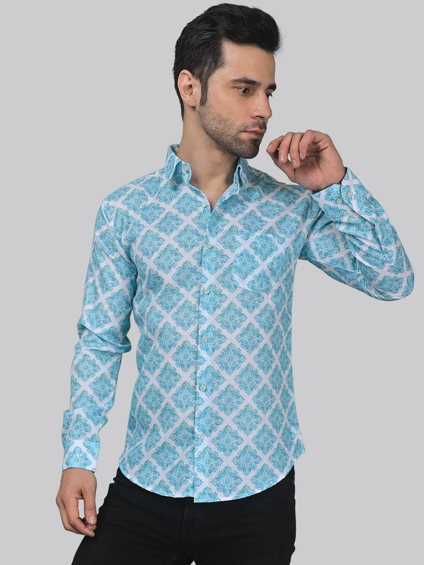 Elegant-edge Men's Printed Full Sleeve Cotton Button-Up Shirt For Men