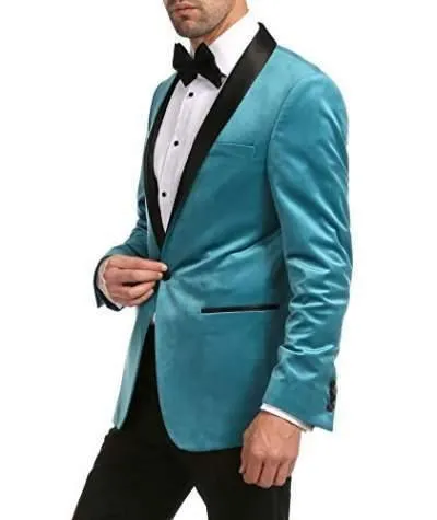 Enzo Collection-Turquoise Velvet Slim Fit Shawl Lapel Tuxedo Men's Blazer