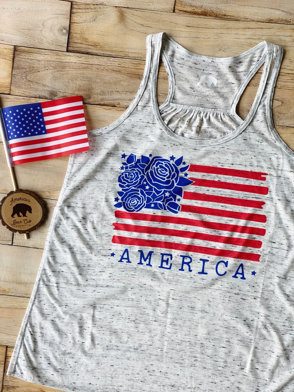 Floral American Flag flowy racerback tank tops