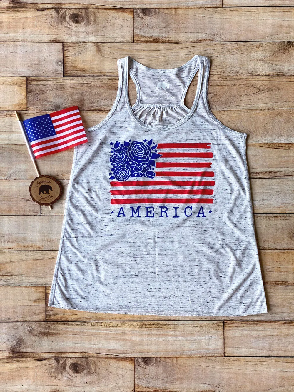 Floral American Flag flowy racerback tank tops