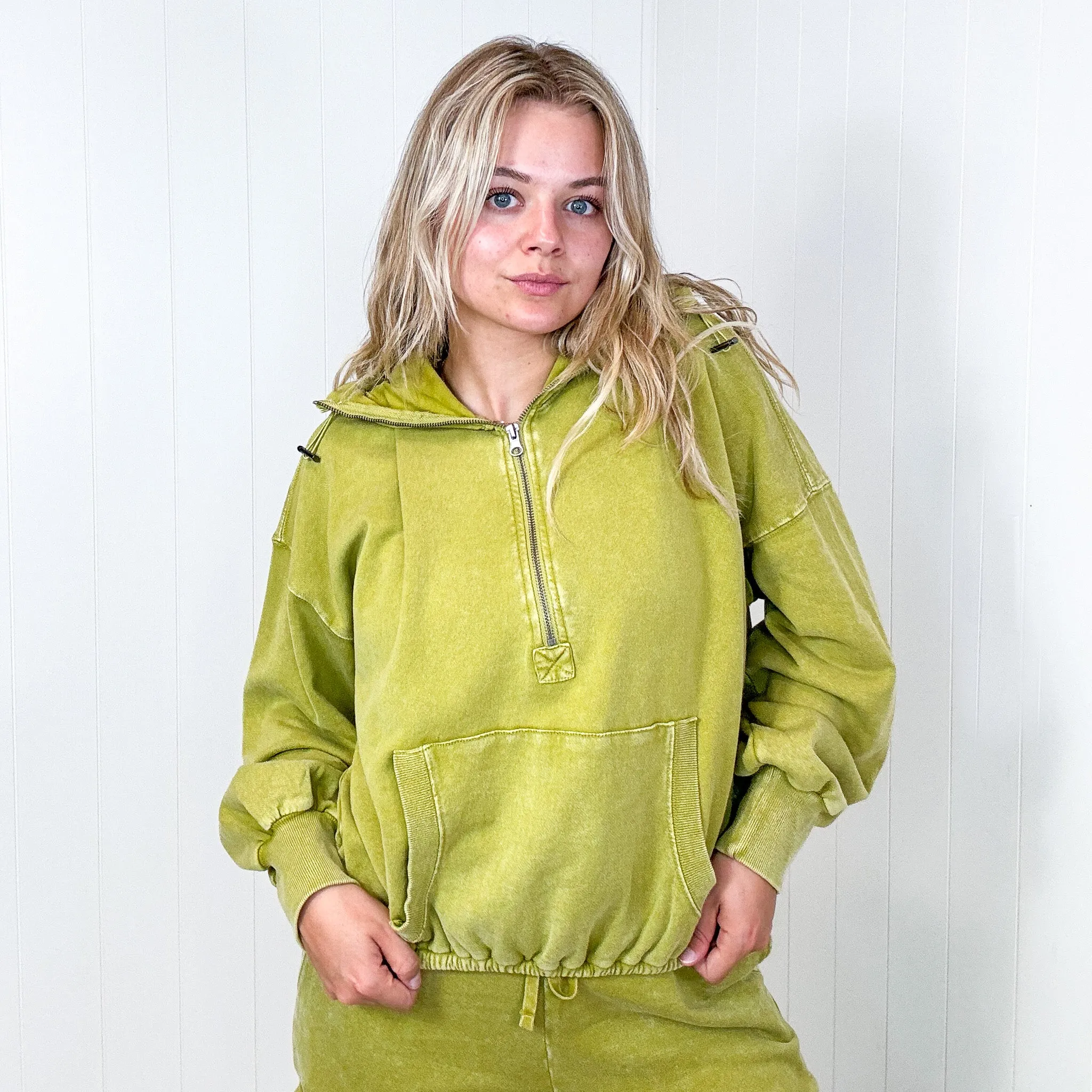 Fun on Fridays Mineral Washed Terry Knit Pullover Hoodie in Pistachio