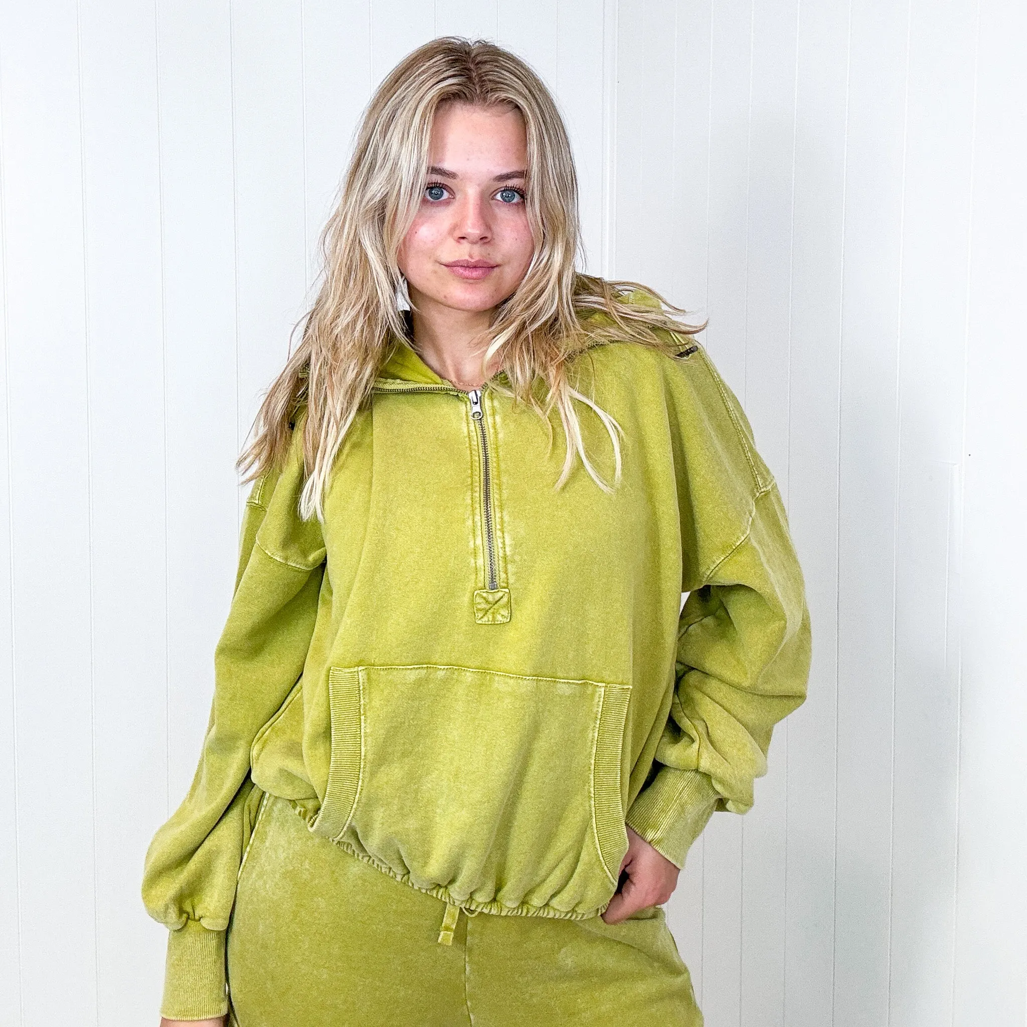 Fun on Fridays Mineral Washed Terry Knit Pullover Hoodie in Pistachio