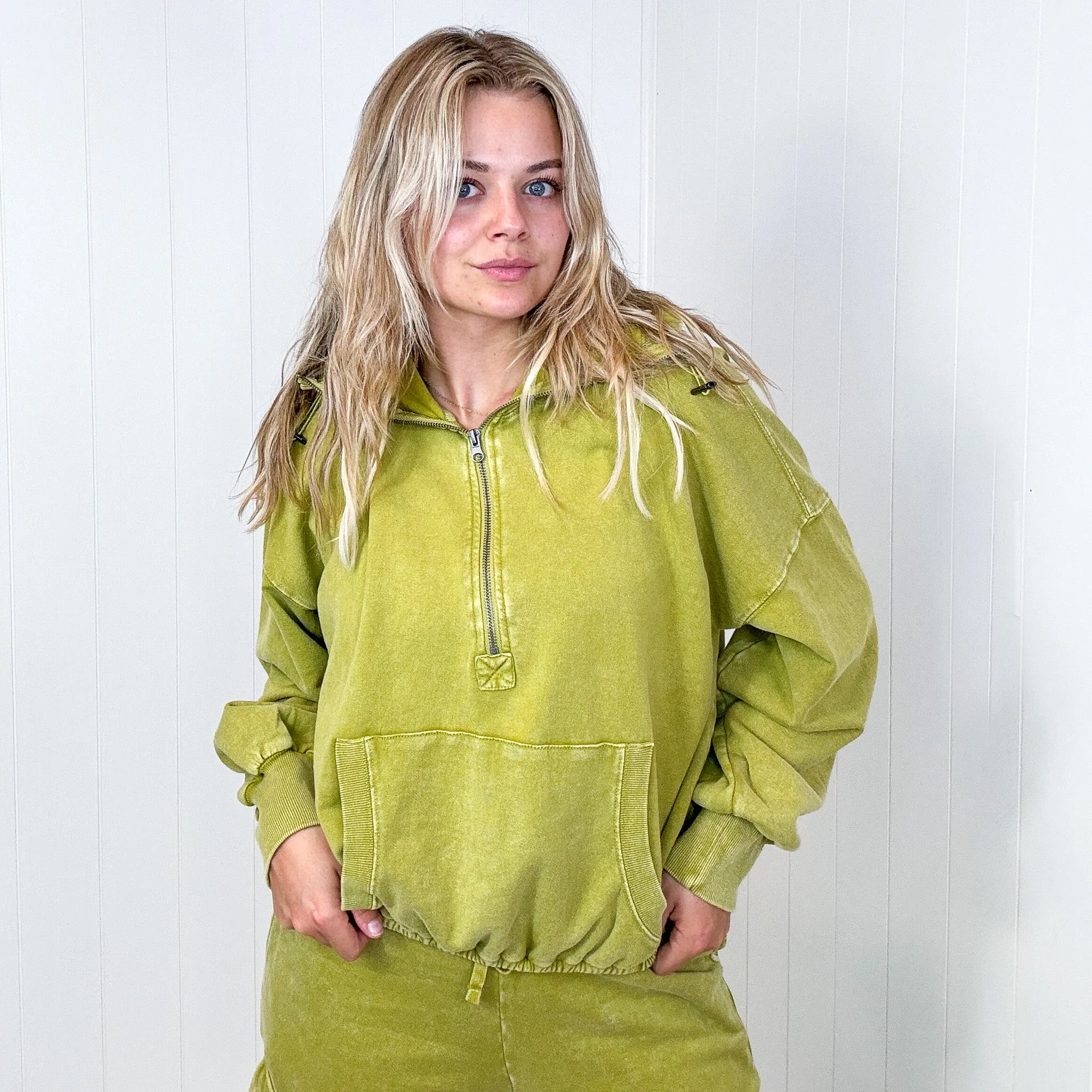 Fun on Fridays Mineral Washed Terry Knit Pullover Hoodie in Pistachio