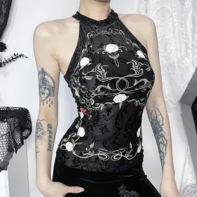 Gothic Halterneck Floral Flocking Tank Top