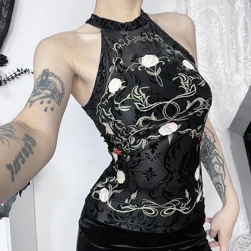 Gothic Halterneck Floral Flocking Tank Top