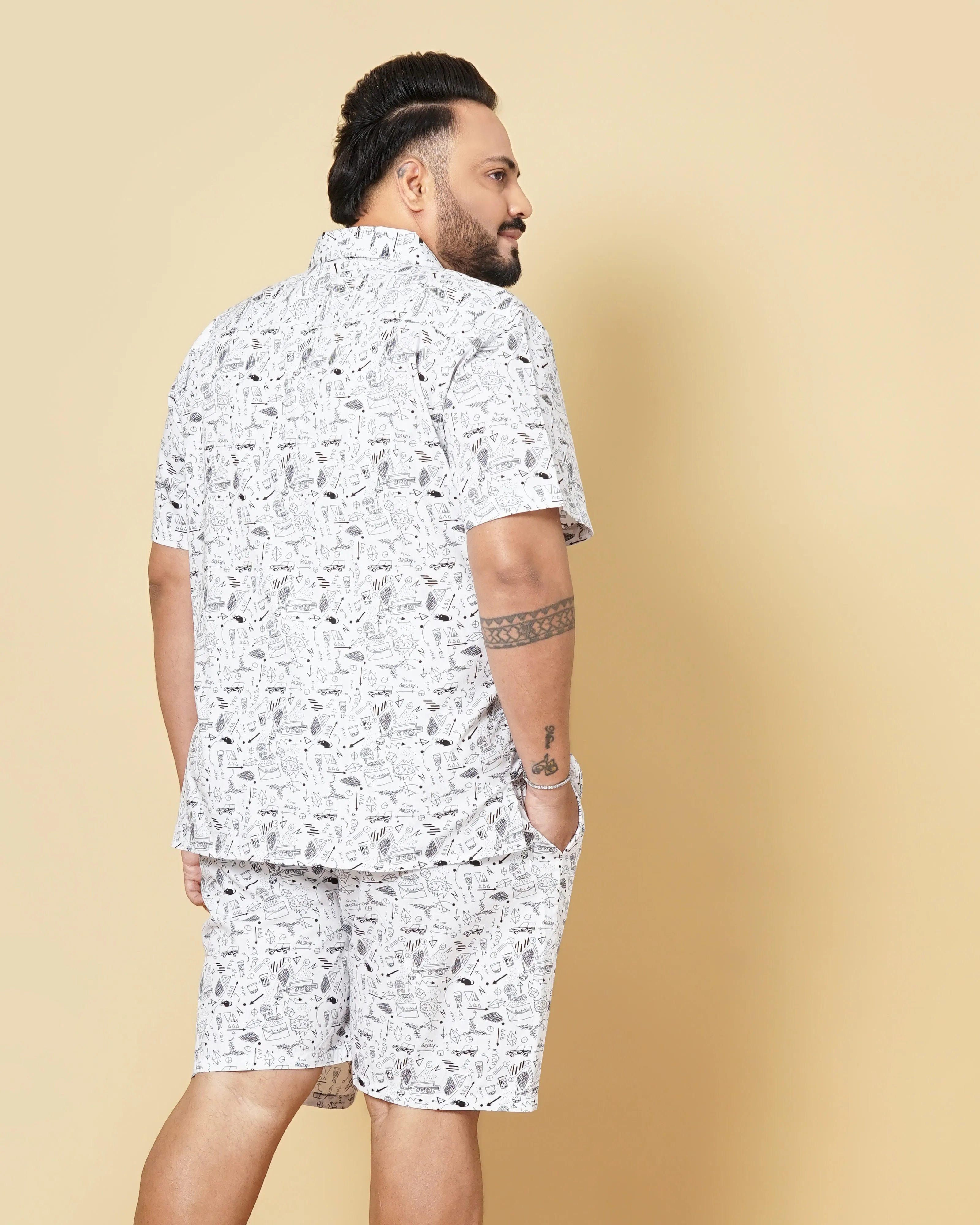 Hardsoda Men White Plus Size Geometric Printed Lounge Set