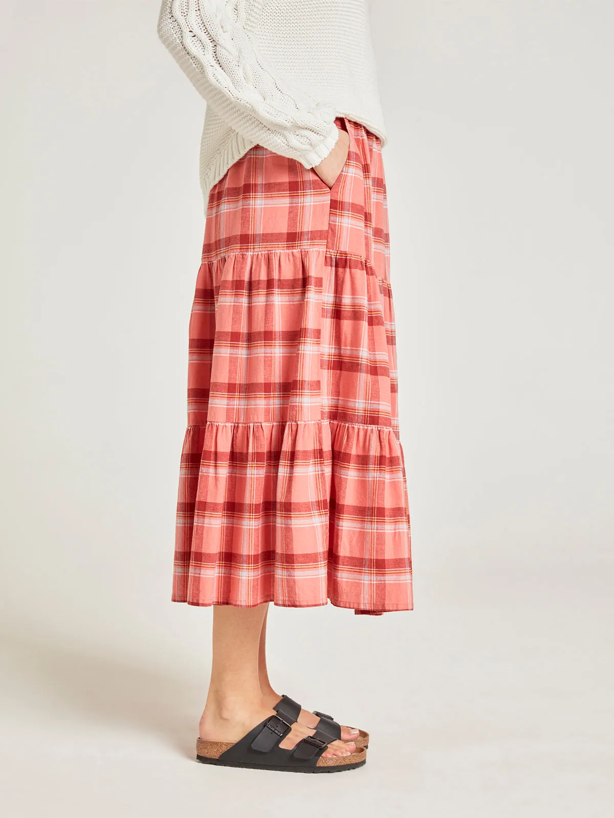 Iman Hemp Check Midi Skirt - Light Coral