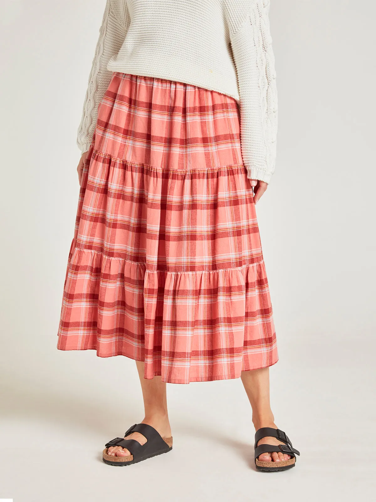 Iman Hemp Check Midi Skirt - Light Coral