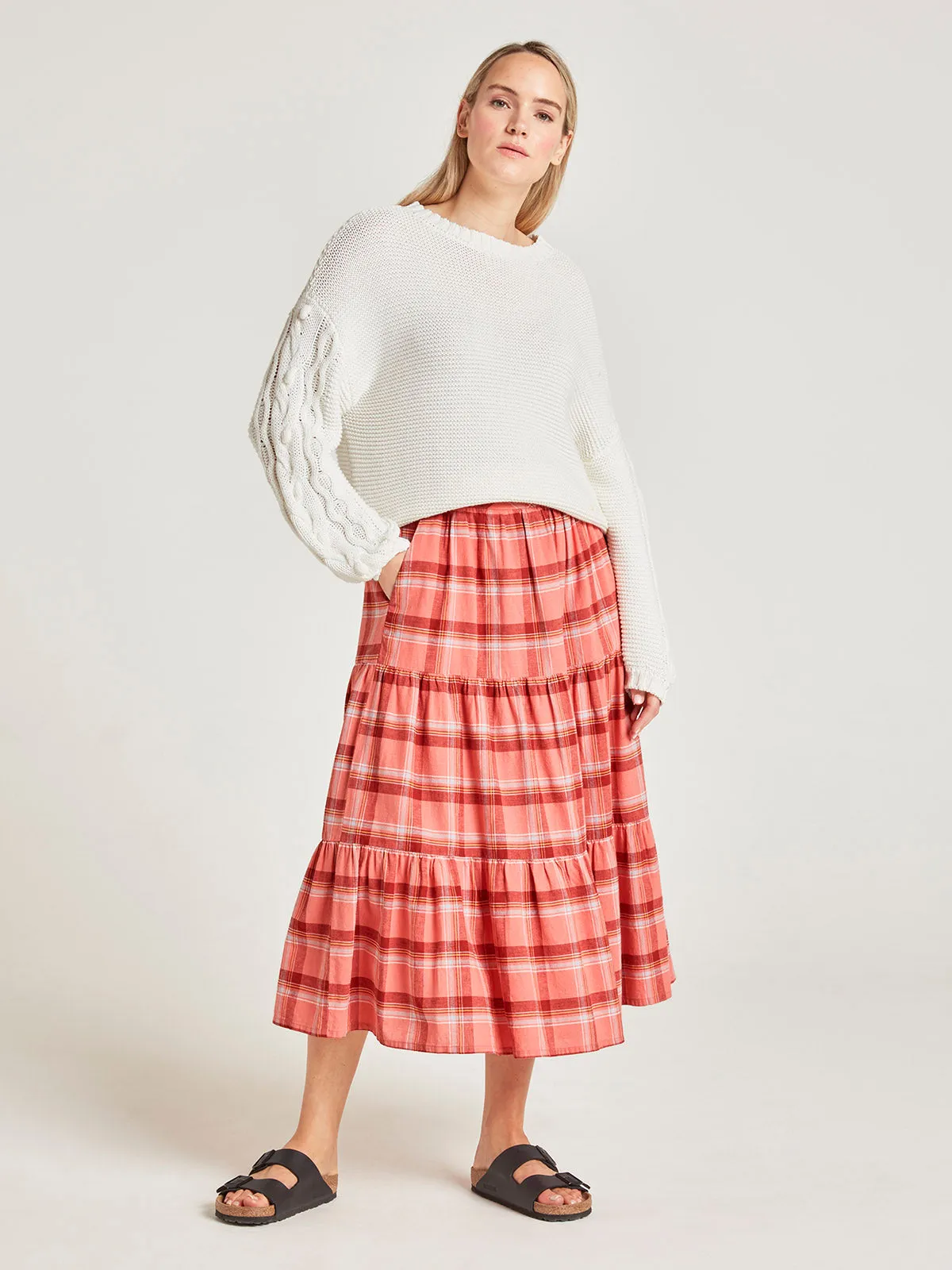 Iman Hemp Check Midi Skirt - Light Coral