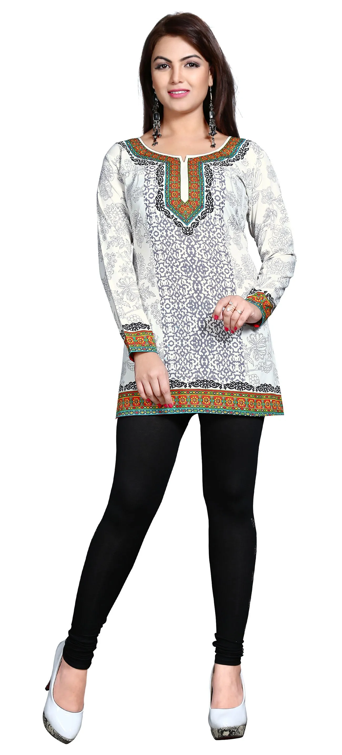 Indian Long Kurti Top Tunic Printed Womens India Clothes (Off-White)