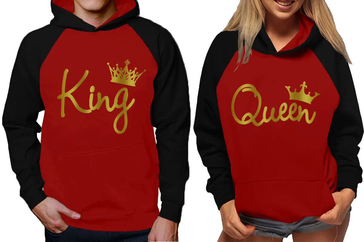 King Queen Couple Raglan Hoodies, Black Maroon Contast Hoodies