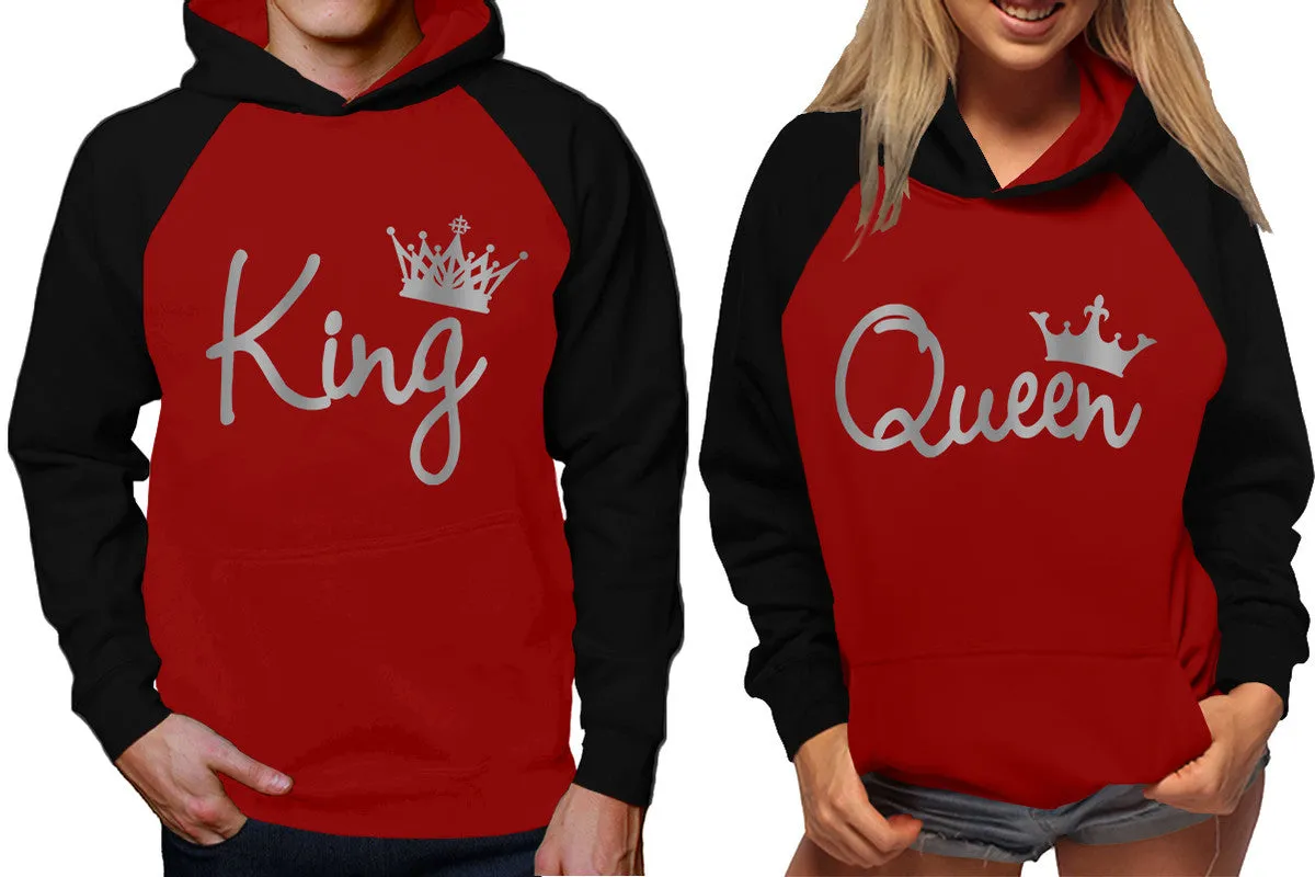 King Queen Couple Raglan Hoodies, Black Maroon Contast Hoodies