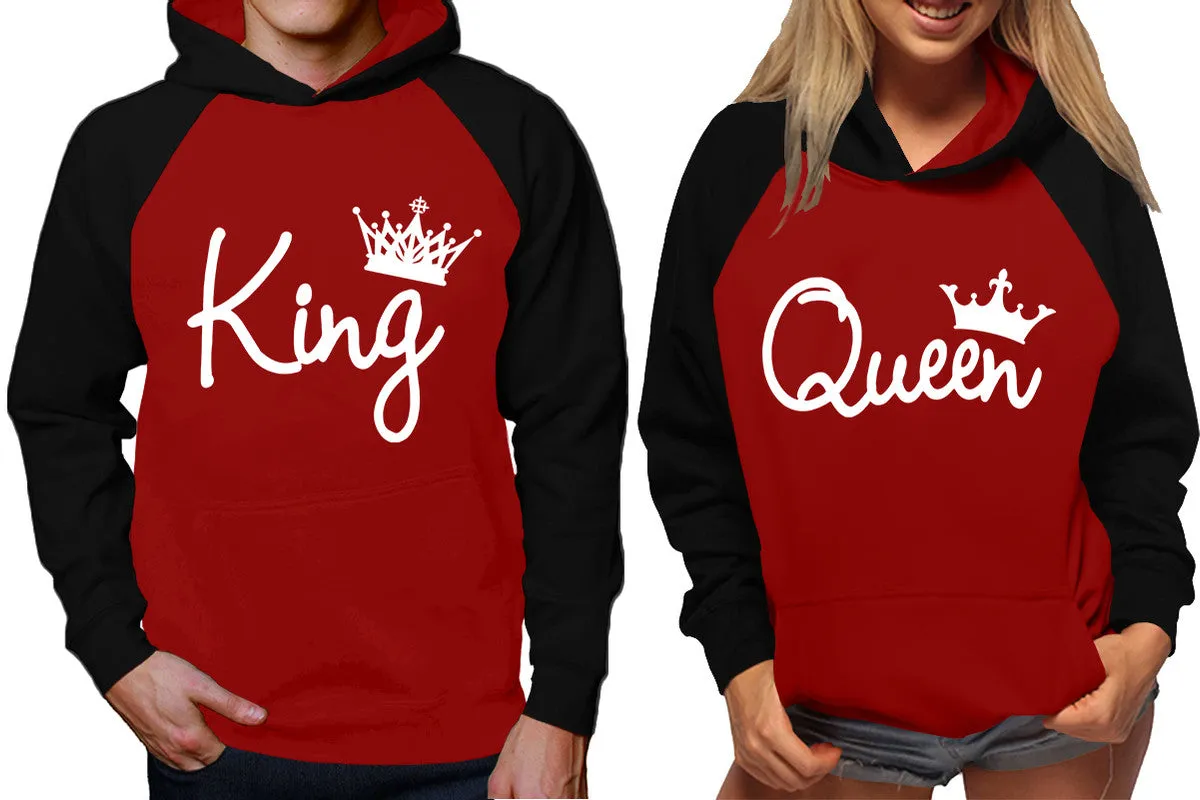 King Queen Couple Raglan Hoodies, Black Maroon Contast Hoodies