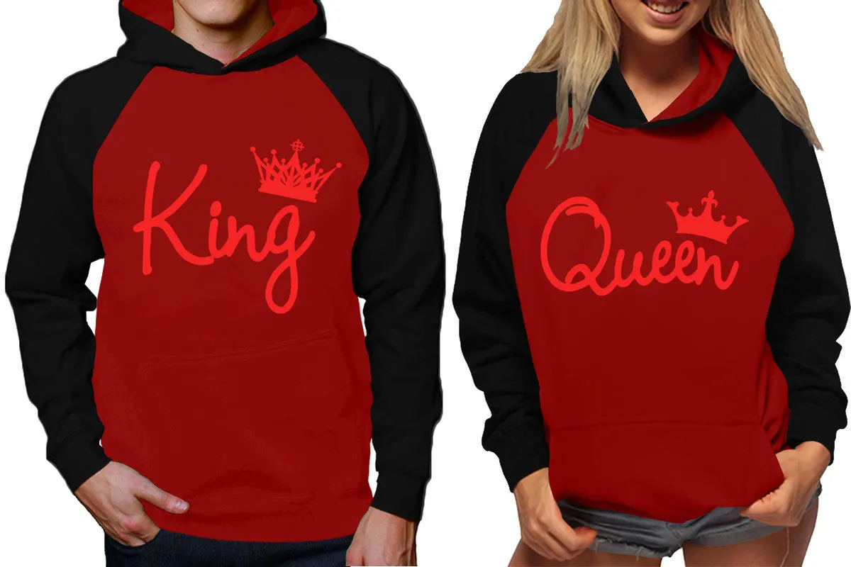 King Queen Couple Raglan Hoodies, Black Maroon Contast Hoodies