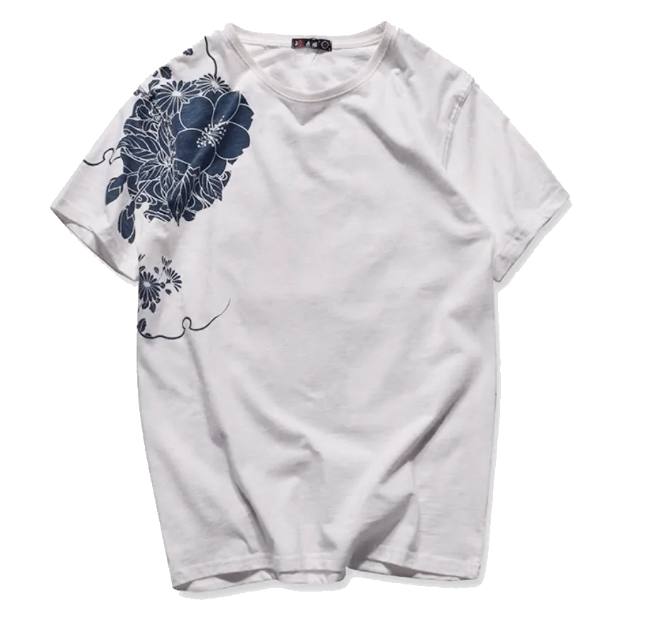 Koi Fish Floral embroidery T-Shirt (White/Blue)