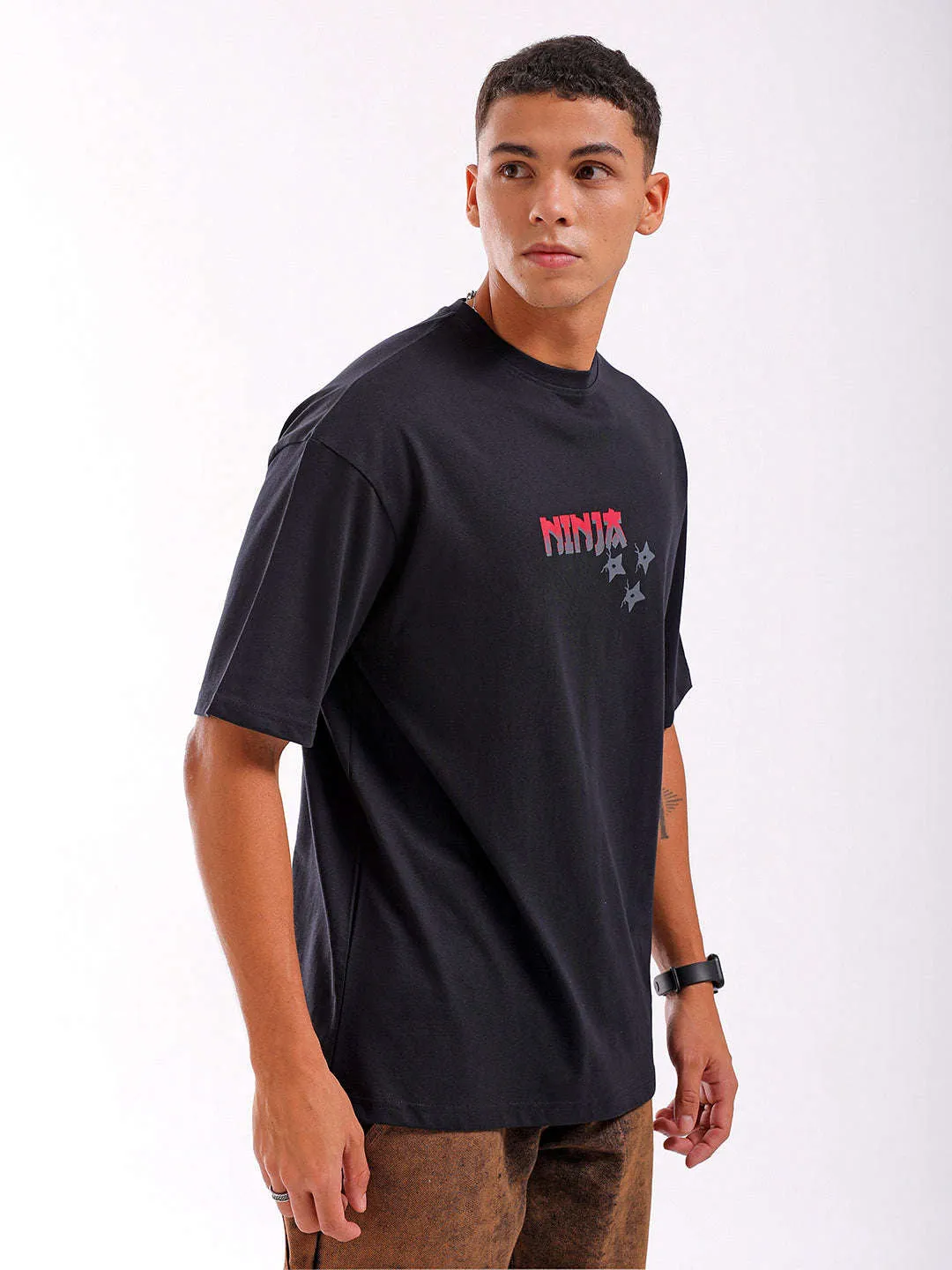 Men Black Oversized Fit Back Printed T-Shirt