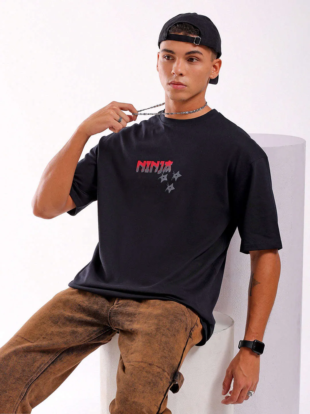 Men Black Oversized Fit Back Printed T-Shirt