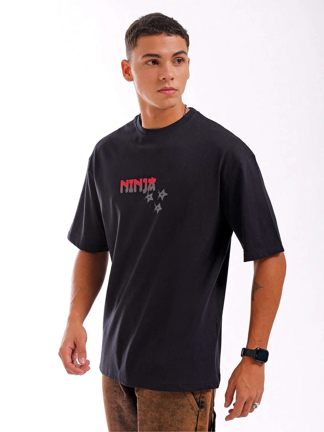 Men Black Oversized Fit Back Printed T-Shirt