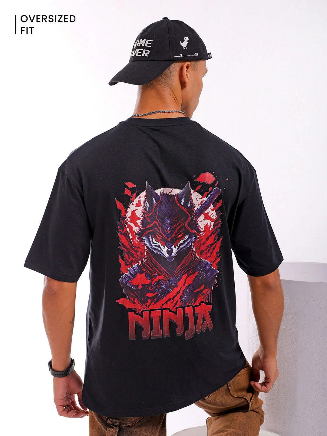 Men Black Oversized Fit Back Printed T-Shirt