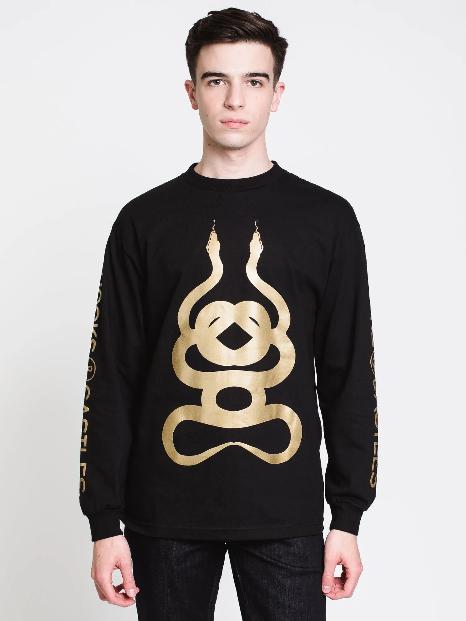 MENS GOLD DUEL SNAKES LONG SLEEVE T-SHIRT - BLACK - CLEARANCE